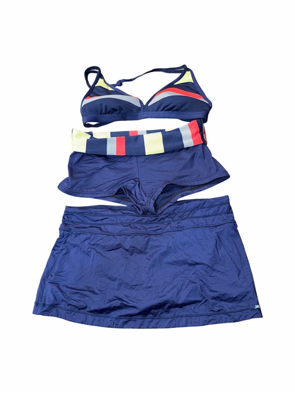 Jag 3 Piece Swimsuit Set Navy Striped Top Bottoms Skirt M/L